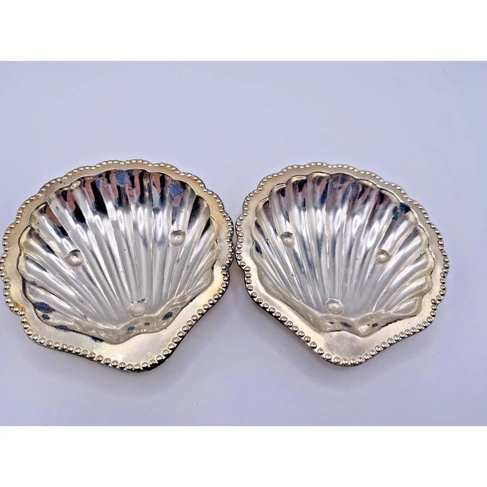 2 Vtg Japan Gold Clam Shell Nut Sauce Trinket Salt Butter Dishes Glass Insert